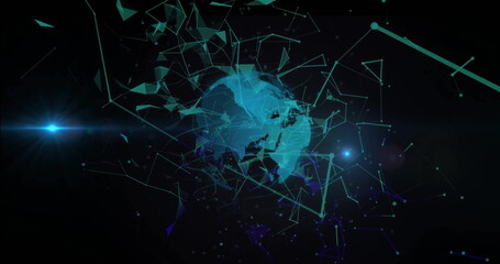 Image of network of connections over globe and light spots on black background