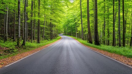 Fototapeta premium Serene winding road through lush green forest with vibrant foliage and gentle sunlight