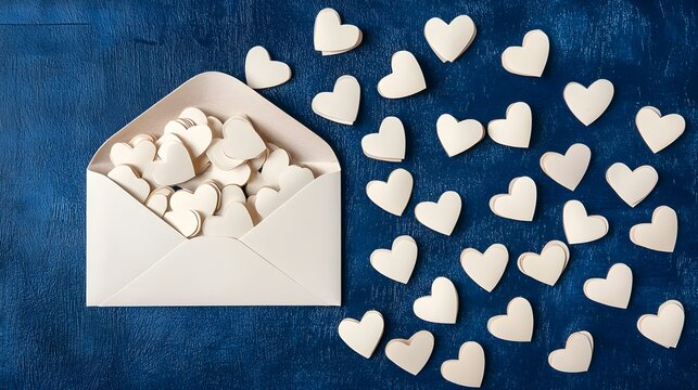 Open envelope with scattered paper hearts symbolizing love and romance on a festive blue Valentines Day background  Concept of sentimental emotions for the special occasion