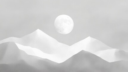 Serene monochrome mountain landscape under a full moon with soft clouds in the background