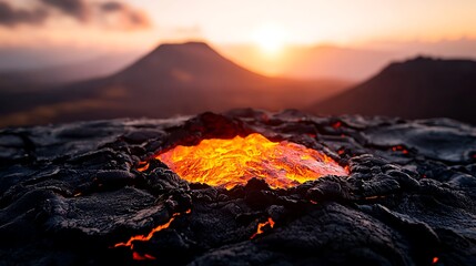 Fototapeta premium Volcanic Lava Flow at Sunset, Mountains Background