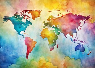 Obraz premium Watercolor World Map: Soft, Flowing Colors & Blended Gradients - Artistic Geographic Art
