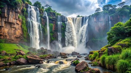 Naklejka premium Waterfall in misty surroundings with lush greenery and large rocks at Kalandula Falls, Angola , rocks, tropical