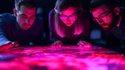 Team of professionals collaborating and evaluating branding strategies using advanced holographic projections to visualize market positioning maps customer insights