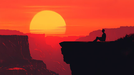 Silhouette of person sitting on ledge during sunset. Sunset Ridge. Illustration
