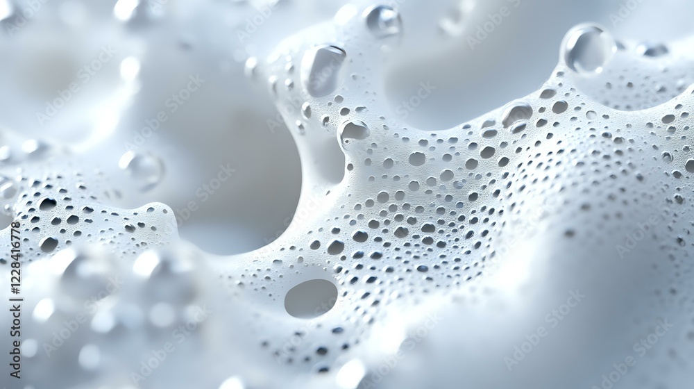 Poster macro shot of white soap foam with bubbles creating abstract pattern on light background. soft focus