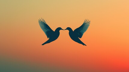 Silhouette of Two Birds Kissing Against a Colorful Sunset Sky