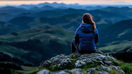 Young woman in blue jacket sitting alone on mountain peak overlooking misty rolling hills and valleys at dusk, back view contemplative nature scene.