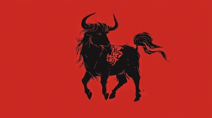 Bold Black Bull Silhouette on Vibrant Red Background for Design Use