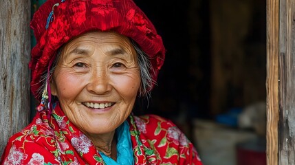 Fototapeta premium Warm and inviting portrait of a mature elderly Asian woman smiling cheerfully and exuding a sense of wisdom and life experience The natural