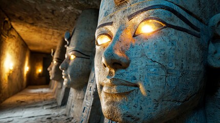 Close-up of ancient Egyptian statues with glowing eyes, showcasing intricate hieroglyphics and mystical ambiance.