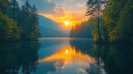 Obraz premium Sunrise over a serene lake surrounded by lush green forests and distant mountains