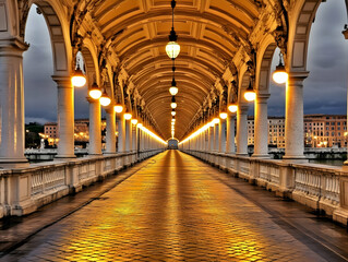 Fototapeta premium Illuminated Covered Walkway with Ornate Arches and Columns at Dusk