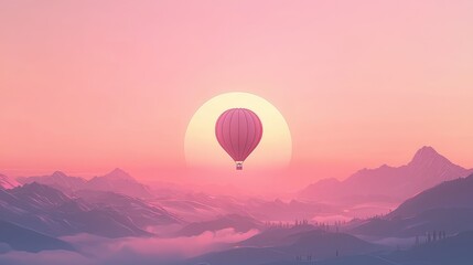Fototapeta premium Serene Sunset with Hot Air Balloon Over Majestic Mountain Landscape