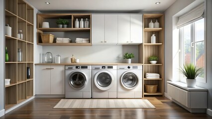 Modern laundry room with sleek washer and dryer in a minimalist space, surrounded by ample storage for detergent and accessories , laundry room, modern design