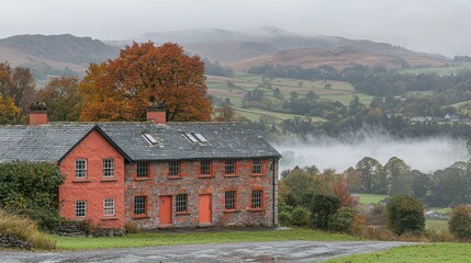 Autumnal Farmhouse Amidst Misty Rolling Hills
