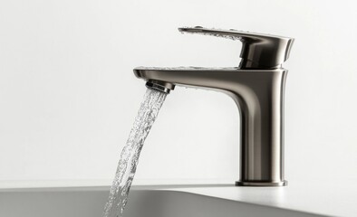 Modern faucet, water flowing, bathroom, minimalist background, plumbing