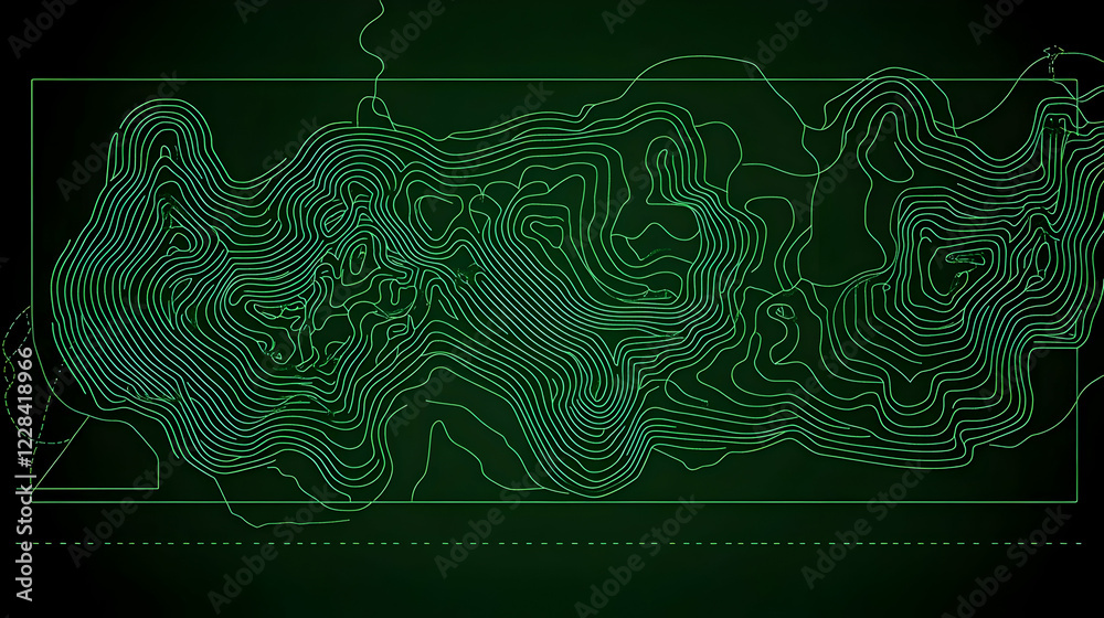 Wall mural Green Topographic Lines Form an Abstract Landscape on a Dark Background, Perfect for Backgrounds