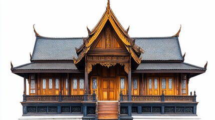 Fototapeta premium Exquisite Traditional Thai Wooden House with Ornate Roof and Intricate Carvings
