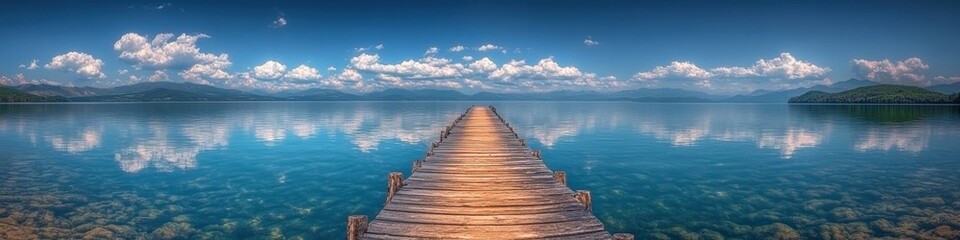 Stunning panoramic view of tranquil lake with wooden pier, reflecting sky and clouds, surrounded by lush green mountains, ideal for nature lovers and photographers
