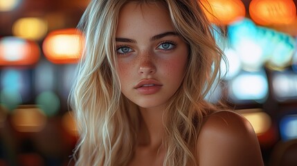 Fototapeta premium A young woman with blonde hair and blue eyes looks directly at the camera. Her skin is fair and she has freckles. The background is out of focus and features warm, colorful lights.