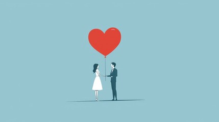 Couple Holding Heart Balloon on Blue Background in Minimalist Style