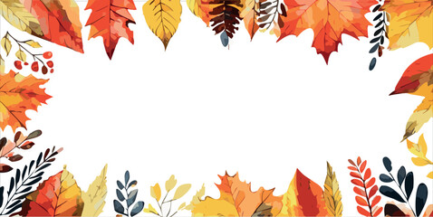 Watercolor vector autumn frame with leaves and branches. Autumn foliage watercolor frame, fall leaves, acorns, berries, spruce branch. Forest design elements illustration