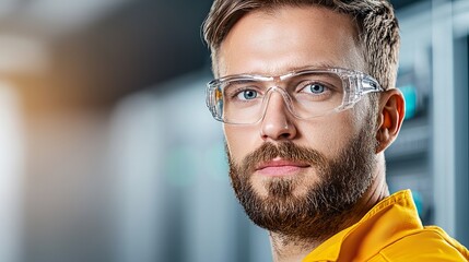 Portrait of a male industrial worker in safety glasses with a serious expression, showcasing professionalism and focus.