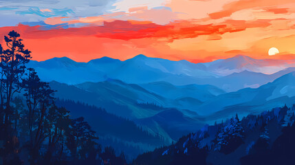 Fototapeta premium Blue ridge mountains from the blue ridge parkway at sunset. Sunset Ridge. Illustration