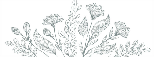 Botanical arts. Hand drawn continuous line drawing of abstract flower, floral, rose, tropical leaves, spring and autumn leaf, bouquet of olives. Vector background illustration.