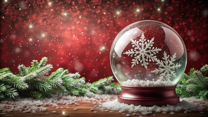 A delicate glass snow globe containing a flurry of white snowflakes against a deep crimson red background, surrounded by frosty vines and evergreen branches , festive object, evergreen