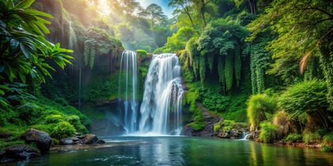 Obraz premium Waterfall in dense forest, tropical jungle, natural wonder, tropical jungle