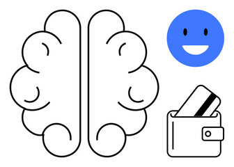 Brain icon, wallet with card, and blue happy face emoticon. Ideal for financial planning, mental health, decision-making, psychology, positive emotions economic behavior educational content. Line