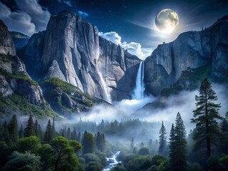 Yosemite Falls Shadow Surreal Landscape - Dramatic Night Photography