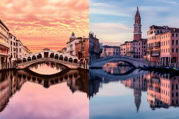 Naklejka premium Sunrise and Sunset Over Canal Cityscape with Gondolas and Bridges Reflected Perfectly in the Water