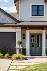 Modern Luxury Home Exterior: Elegant Gray Facade, Landscaping, and Grand Entrance