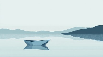 Tranquil Mountain Landscape with Minimalist Boat Reflection on Water