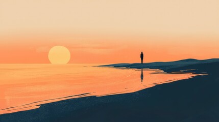 Serene Sunset at Beach with Silhouette of a Person Reflecting Water