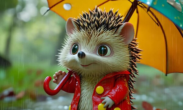 Adorable Hedgehog with Colorful Umbrella in Rainy Environment 3d cartoon with ai generated.