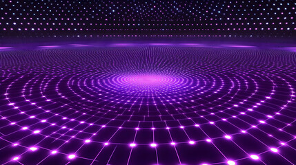 3D Abstract Purple Glowing Grid Extends into the Distance with Particles Above