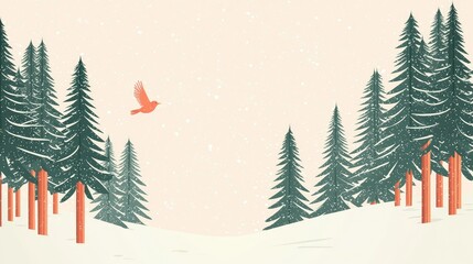 Obraz premium Tranquil Winter Landscape with Snowy Pine Trees and Flying Bird