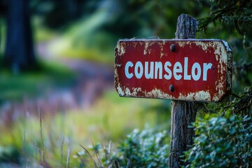 Rustic Wooden Sign in a Natural Setting Indicating Direction Towards Counseling Services, Nestled Amidst Verdant Greenery and Serene Pathways, Evoking a Sense of Guidance and Tranquility