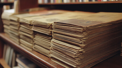 Obraz premium Shelf filled with clean sleek paper organized in archive folders symbolizing systematic data cataloging minimalistic design bright tones modern office blurred background empty caption space