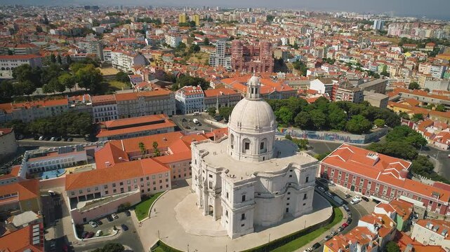 LISBON, PORTUGAL - JANUARY 22, 2025: Aerial view of the beautiful cityscape showcasing the iconic architecture of the Basilica da Estrela