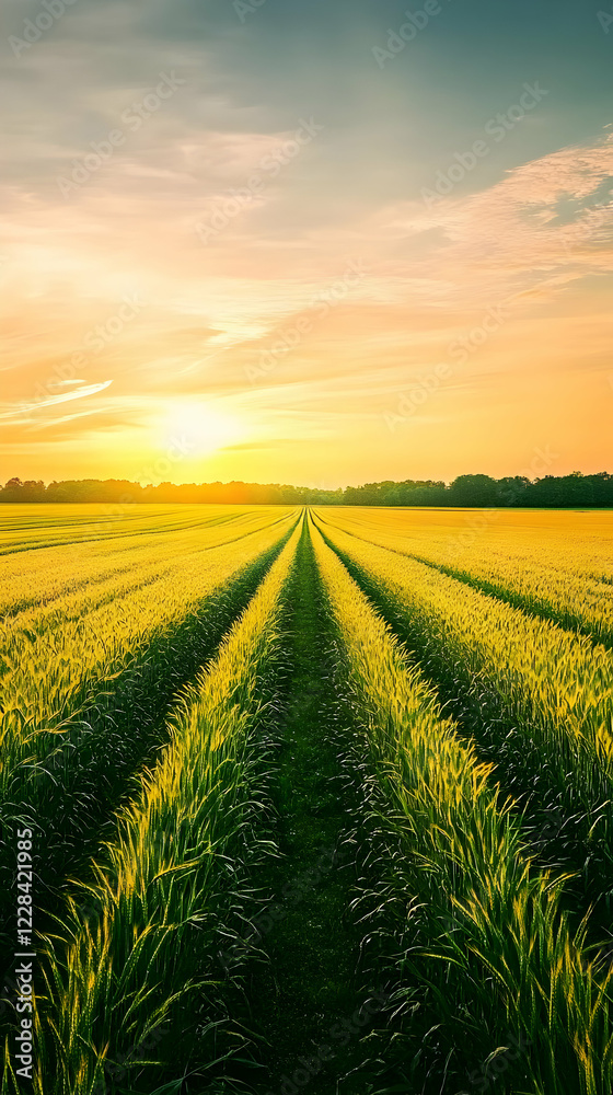 Sticker Golden Hour Wheat Field Landscape with Rows of Crops at Sunset