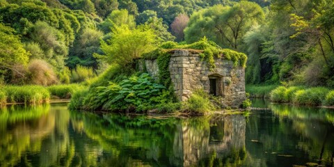 Ancient stone structure partially submerged in overgrown vegetation, wild nature