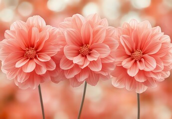 Fototapeta premium Three coral pink dahlia flowers in full bloom against soft blurred background, delicate petals creating symmetrical arrangement with bokeh effect.