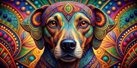 Naklejka premium Dog's face adorned with intricate mandala patterns in vibrant hues, colors, mindfulness