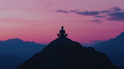 Obraz premium Serene Meditation at Sunset on Mountain Peak in Tranquil Landscape