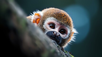 Fototapeta premium Curious baby monkey peeking from behind tree branch with big expressive eyes and fuzzy orange and brown fur against blurred natural background.